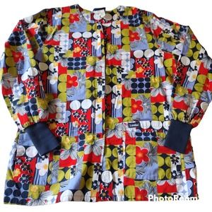 Landau Floral Patch Print Long Sleeve Snap Button Medium Scrub Jacket